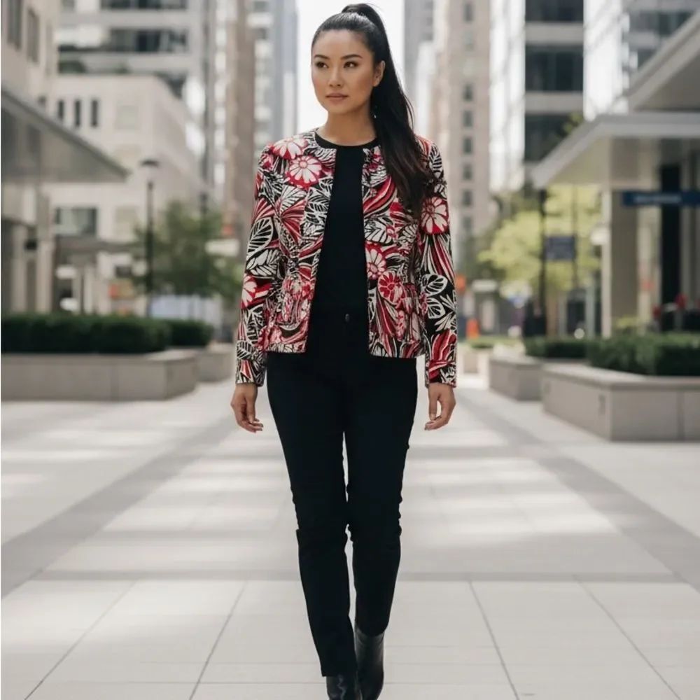 Ruby Rd Floral Denim Jacket Red Black White | Women’s Size 10